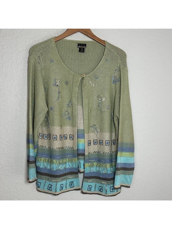 Sigrid Olsen Sweaters - Vintage Sigrid Olsen 1X Green Blue Knit Cardigan Sweater Coastal Grandma Teacher